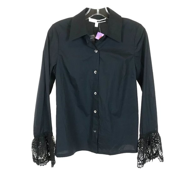 NWT Womens Size XS Tracy Reese Black Stretch Cotton Lace Trim Button Front Shirt - Picture 1 of 4